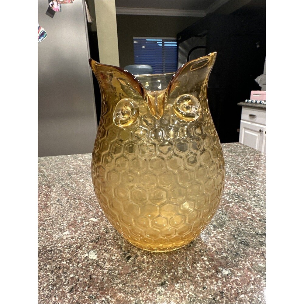 Vintage Art Glass Amber Owl Shape Pitcher Honey Comb Pattern Hand Blown Glass 8"